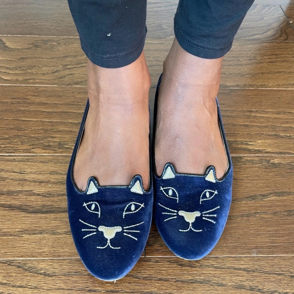 Charlotte Olympia Navy Velvet Cat Loafers